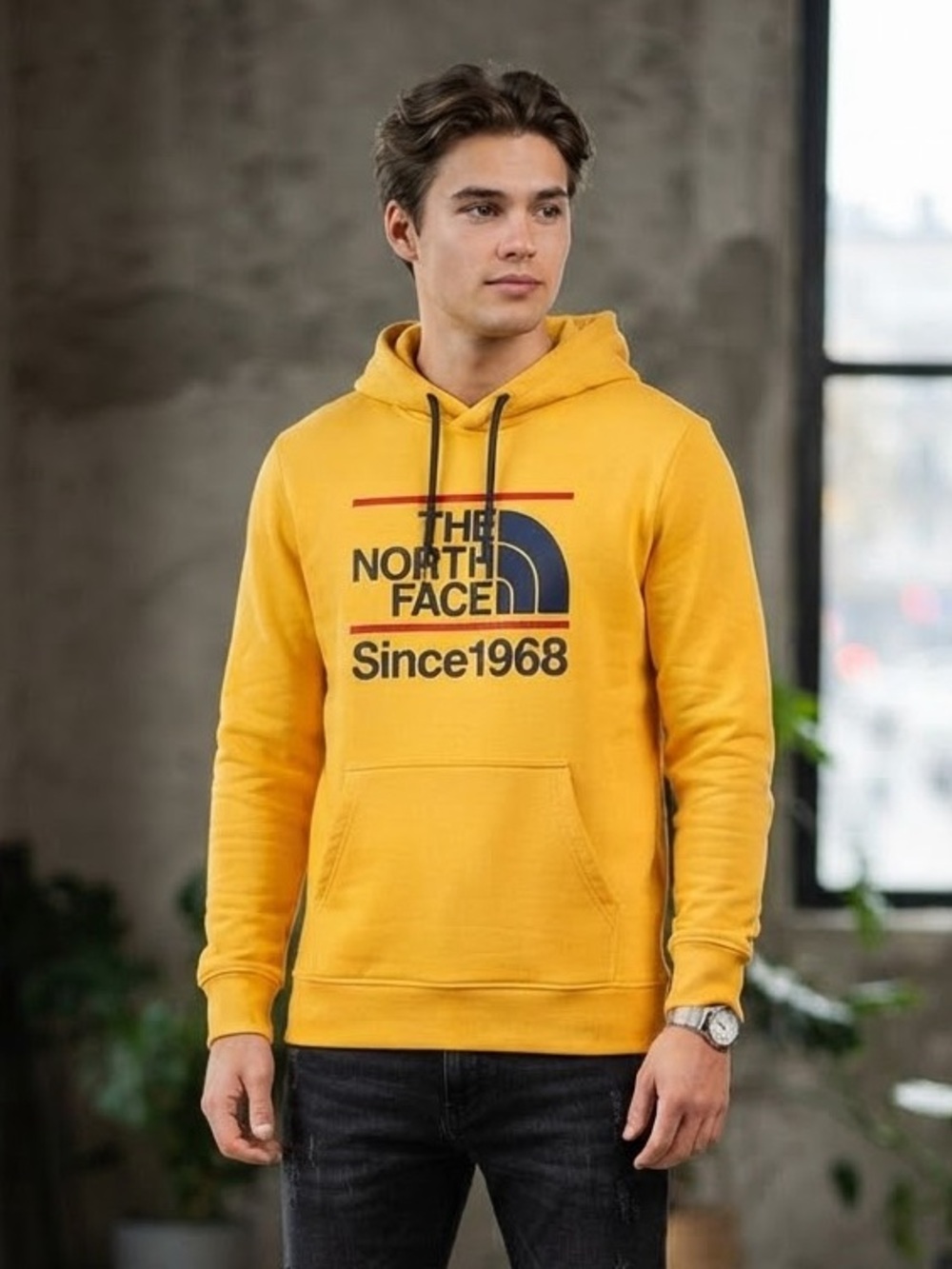 The North Face Men's Yellow Pullover Hoodie with Retro Logo